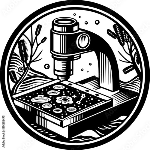 Microscope examining aquatic life and plants in a circular emblem