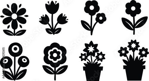 Simple black silhouette flower icons vector set with various floral shapes and potted plants for design and decoration
