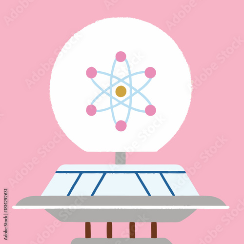 Stylized atom symbol above futuristic structure