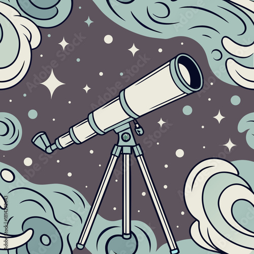Telescope observing the starry night sky with swirling clouds