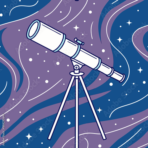 Telescope observing the starry night sky with swirling nebulae