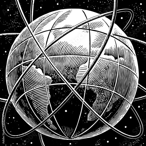 Stylized globe with orbital rings in space