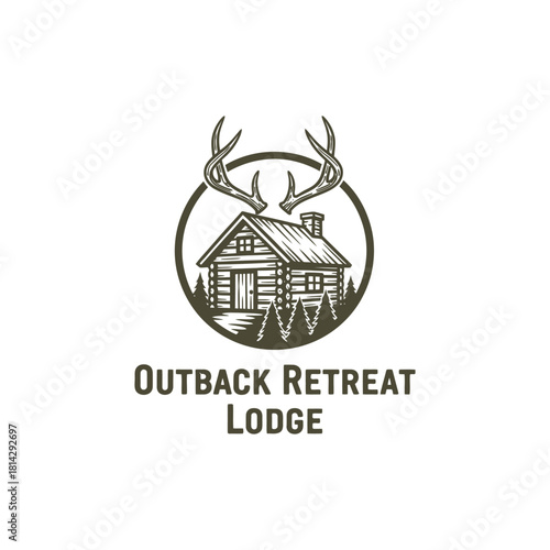 A rustic lodge cabin framed by antlers and pine trees evokes wilderness comfort, adventure, and a peaceful escape at Outback Retreat Lodge.