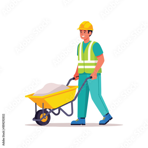 Construction worker in safety gear pushing wheelbarrow with sand load