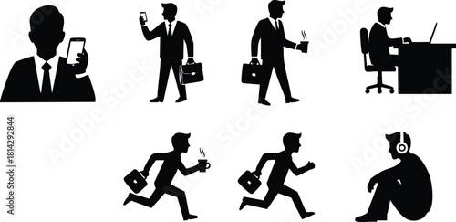 Businessman silhouette icons set showing office work and phone calls vector illustration
