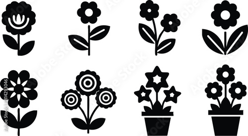 Simple black flower icons set with different petal shapes and potted plant designs in vector format
