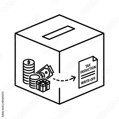Icon of tax deduction box with money and tax writeoff form isolated on