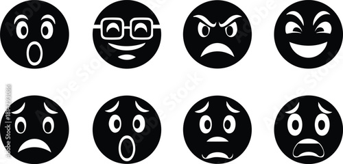 Set of black emoji faces showing various emotions vector illustration collection