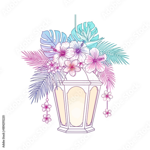 An elegant decorative lantern adorned with a lush bouquet of tropical hibiscus flowers, monstera, and palm leaves in soft pastel colors