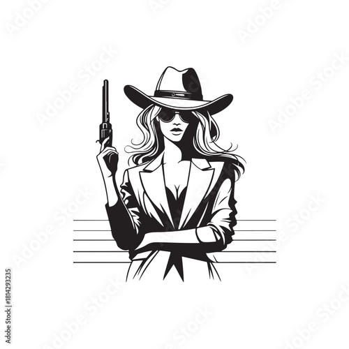 Cartoon vector illustration of a female cowboy holding a gun with a sharp gaze and a confident expression.