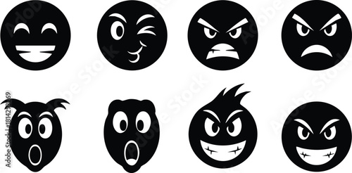 Set of eight black emoticon faces showing different emotions in vector style simple design