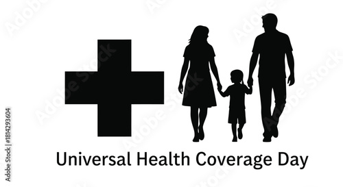 A visual representation of universal health coverage featuring a family silhouette and a cross symbol