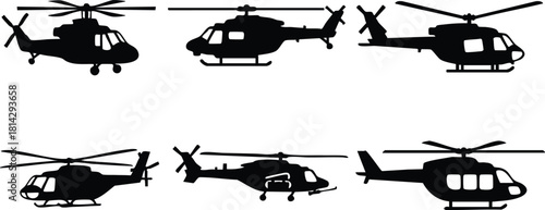 Helicopter silhouette vector set showing various aircraft designs in black isolated on white background