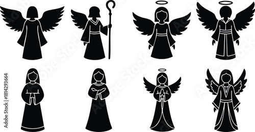 Angel silhouettes set with wings, halos, and robes in black vector illustration collection