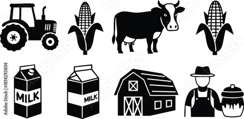Farm agriculture icons with tractor cow corn barn milk and farmer vector set collection