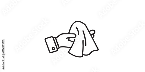 Napkin with hand line icon, washing concept. Vector graphics. Hand with cloth, wash sign on white background, style icon mobile or web design.
