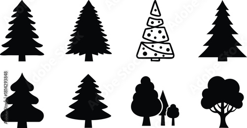 Collection of black silhouette pine trees and deciduous tree icons vector illustration for nature design elements