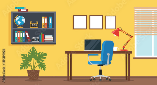 Visualize a productive home office workspace with a modern desk and a stylish blue chair for creative work
