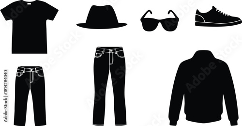 Casual clothing set with t-shirt hat sunglasses sneakers jeans and jacket vector illustration