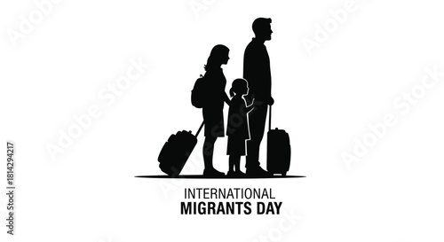 Silhouetted family with luggage stands for international migrants day awareness and support