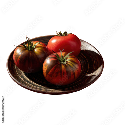 Three ripe heirloom tomatoes, two striped, one red, on a wooden plate, lit by sunlight