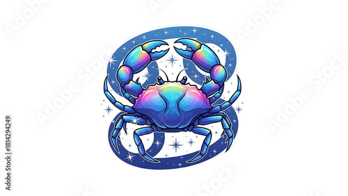 A vibrant, colorful crab symbol within a nebula-like design, representing the Cancer zodiac sign