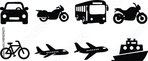 Transport icons collection including car, motorcycle, bus, bicycle, airplane, and ship vector illustration for versatile use
