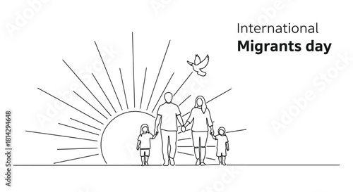 A sketch depicting a family silhouette with a dove celebrating international migrants day with rays of light