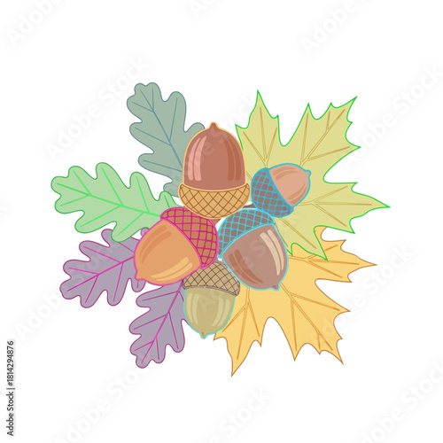 A charming and colorful illustration of a bountiful autumn harvest, featuring a cluster of acorns nestled among pastel oak and maple leaves
