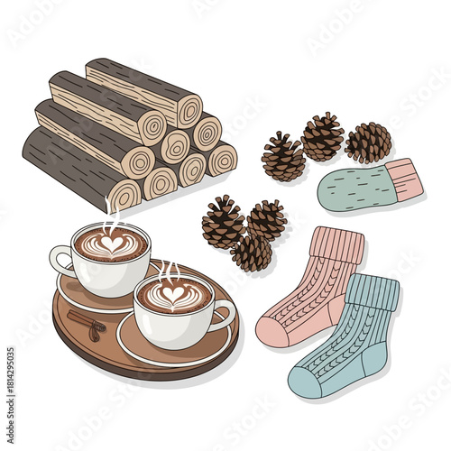 Hand-drawn illustration set of hygge lifestyle elements featuring coffee, warm knitted socks, firewood, and pinecones for a cozy atmosphere