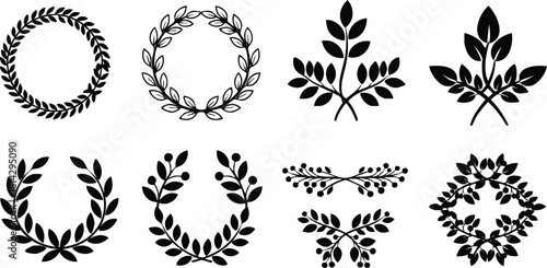 Laurel wreath vector collection with various ornamental branch designs in black silhouette style for decorative purposes