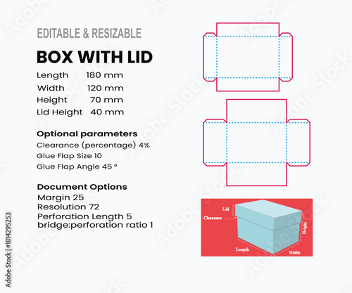 Box with Lid Die Cut Template Dimensions and Specifications packaging