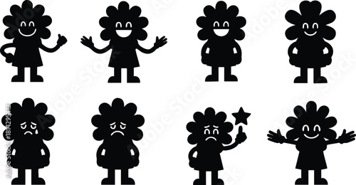 Cute happy and sad flower character emoji icons with different emotions and poses vector set