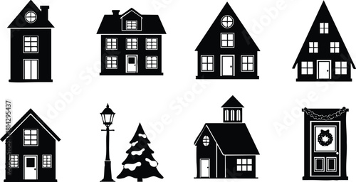 Collection of simple black silhouette houses with lamp post and tree vector illustration