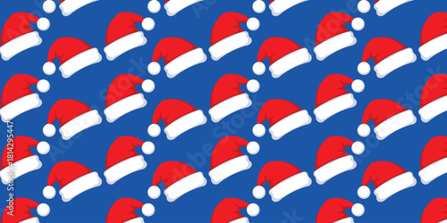 Bright, cheerful seamless pattern featuring classic red and white Santa Claus hats arranged diagonally on a vibrant blue background. Perfect for holiday marketing, winter textiles, digital assets, and
