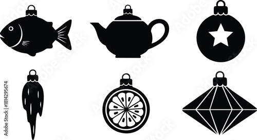 Black silhouette Christmas ornament icons including fish, teapot, ball star, carrot, orange slice, and diamond shapes vector collection