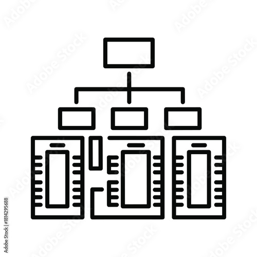 Simple black and white icon representing a hierarchical structure or organizational chart with circuit board elements