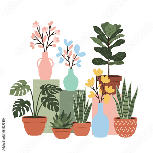 A charming collection of various indoor houseplants and blooming flowers in decorative pots and vases, creating a modern urban jungle concept for home decor