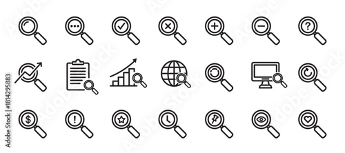 Set of searching line icons with magnifying glass. Perfect pixel icons on transparent background.