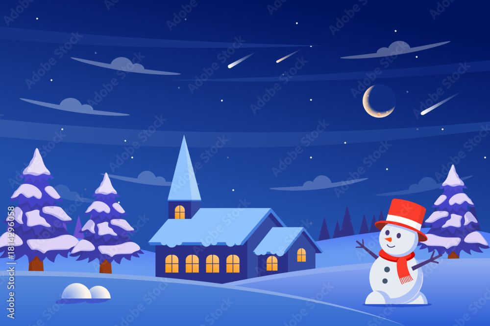 Naklejka premium A serene winter night scene with a snow-covered light blue church and a cheerful snowman under a dark sky with a crescent moon and shooting stars. Vector illustration.