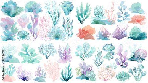 Bright watercolor coral set with bubbles and marine plants in pink and blue tones. Suitable for ocean themed projects, decorative patterns, underwater artwork, and coastal design.