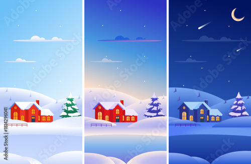 Set of winter illustrations showing a snow-covered red house and pine tree across different times: day, sunset, and night. Includes variations in lighting and sky color. Vector illustration