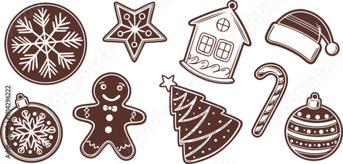 A collection of Christmas-themed gingerbread cookies arranged on a white background, illustrated in a detailed, vintage line art style. The cookies are in various shapes a crescent, a circular ornamen