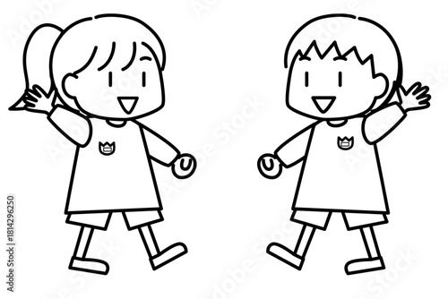 笑顔で手を振る子供たち（バイバイ）の線画イラスト