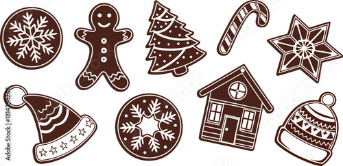 A collection of Christmas-themed gingerbread cookies arranged on a white background, illustrated in a detailed, vintage line art style. The cookies are in various shapes a crescent, a circular ornamen