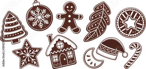A collection of Christmas-themed gingerbread cookies arranged on a white background, illustrated in a detailed, vintage line art style. The cookies are in various shapes a crescent, a circular ornamen