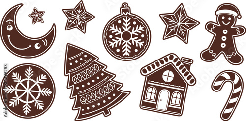 A collection of Christmas-themed gingerbread cookies arranged on a white background, illustrated in a detailed, vintage line art style. The cookies are in various shapes a crescent, a circular ornamen