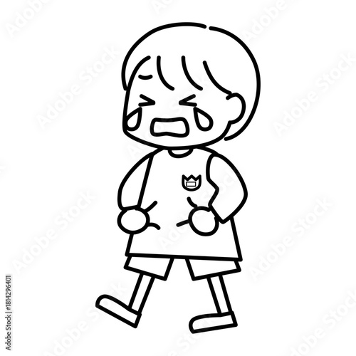 大泣きしながら歩く男の子の線画イラスト