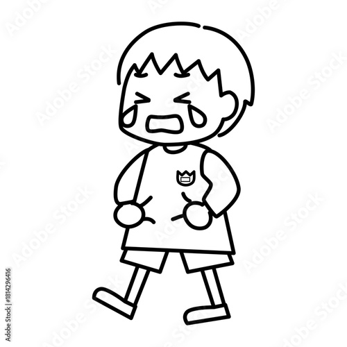 大泣きしながら歩く男の子（短髪）の線画イラスト