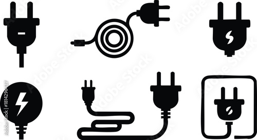 Electric power plug icons vector set with cable and socket symbols for energy and electricity usage designs